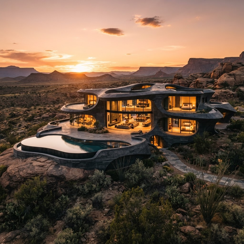 Sculptural modern home at sunset
